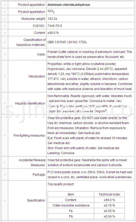 Aluminium Chloride Anhydrous Specification